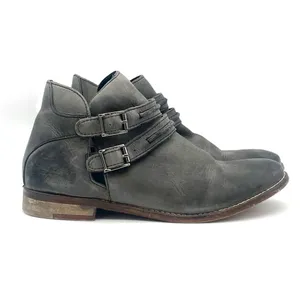 Free People Braeburn Distressed Gray Leather Ankle Boots 37 Double Buckle Strap thumbnail 4
