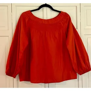 Anthropologie Maeve coral smocked neck long sleeve blouse small thumbnail 5