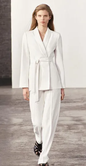 ZARA Tuxedo Blazer With Waist Tie Suit Jacket White thumbnail 3
