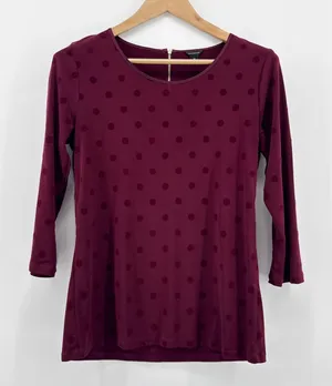 Ann Taylor Womens Medium Burgundy Velvet Polka Dot 3/4‎ Sleeve Blouse Back Zip thumbnail 1