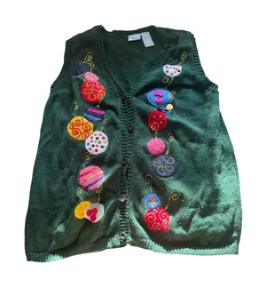 Vintage 90s Green Christmas Holiday Cardigan Sweater Vest Ugly Christmas Sweater thumbnail 1