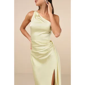 NWT Lulus Signature Elegance Pale Yellow Satin One-Shoulder Maxi Dress Gala Sz S thumbnail 8