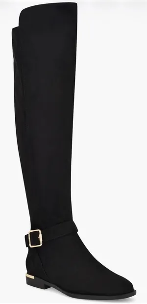 Nine West Black Suede Tall Knee High Buckle Boots Gold Trim Womens Size 8M thumbnail 1