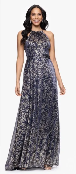 Betsy‎ And Adam Metallic Floral Jacquard Dress Size 2 Slit Halter thumbnail 1