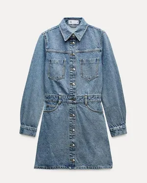 ZARA dress denim long sleeve mini button up casual jean dress thumbnail 1