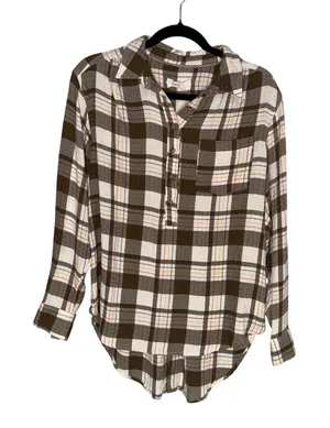 Anthropologie‎ Plaid Tunic Women Small Brown Button Back Henley Excellent Boho thumbnail 1