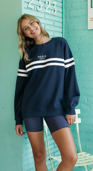 Lazy sundays Paris France Navy Striped Women's Sweatshirt thumbnail 1