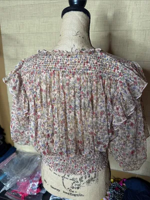 Free People Smocked Floral Lace-Up Crop Top XL NWOT Boho Prairie Cottagecore thumbnail 9