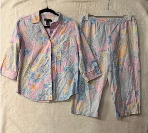 Lauren Ralph Lauren Pajama Set Womens Medium Pink Paisley Cotton 3/4 Sleeve Crop thumbnail 1