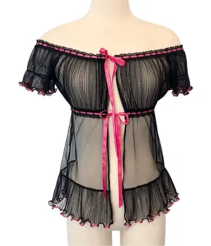 Victoria's Secret Vintage Y2K Sheer Black Pink Tie Topper Topper Medium Large thumbnail 1