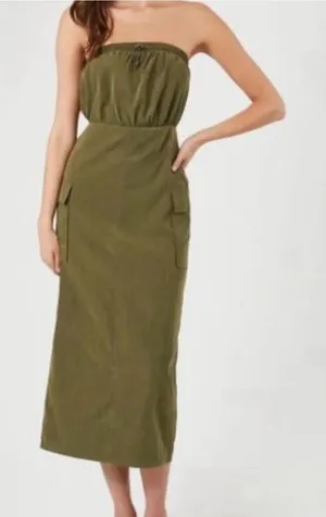 Forever 21 Olive Green Military Bandeau Midi Zip up women's dress, Size S thumbnail 1