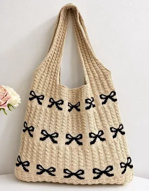 Zenana Coquette Bow Knit Tote Bag Crochet Ribbon Shoulder Bag thumbnail 1