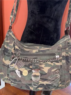 Vintage Y2K 2000’s Camouflage Canvas Shoulder Bag with junk pins thumbnail 1