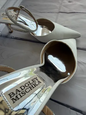 Badgley Mischka Ivory Pointed Toe Slingback Heels with Rhinestone Ankle Straps thumbnail 5