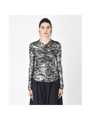 Isabel Marant Diego Floral Ruched Print Stretch Silk Blend Silver Black Top 36 thumbnail 12