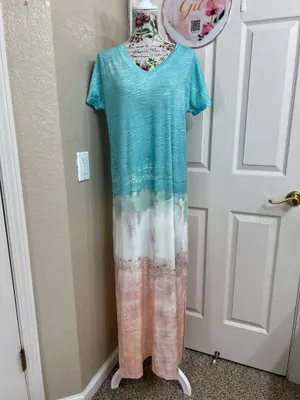 V-Neck Ombre Beach Maxi Cover-Up in Turquoise and Peach thumbnail 2