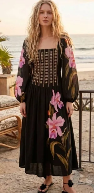 FARM RIO Floral Long Sleeve Midi Dress in Black Size XS thumbnail 1
