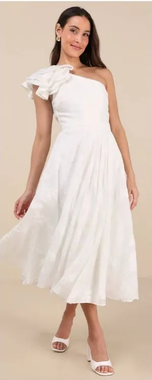 Lulus Sweet Definition White Burnout Ruffled One-Shoulder Midi Dress Size Large thumbnail 1