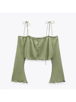 Zara Flowy Tank Top Tie Shoulders Spaghetti Straps Long Sleeve Green Sz M thumbnail 5