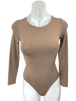 Aritzia Babaton Tan Long Sleeve Crew Neck T Shirt Thong Bodysuit Top Size XS thumbnail 1