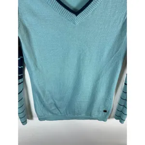 Smartwool Womens Merino Wool V-Neck Striped Sleeve Sweater Light Blue Navy‎ thumbnail 3