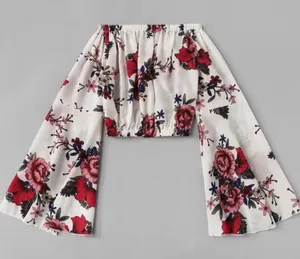 Floral Bell Sleeve Off The Shoulder Crop Top thumbnail 1