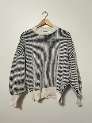 aerie Beyond Chenille Sweater Size XS Oversized Stripe Black White thumbnail 2