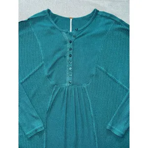 Free People Waffle Knit Leo Henley Tee In Teal Green‎ Oversized Size Medium thumbnail 4