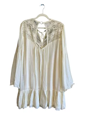 J.Gee Boho Crochet Lace Tiered Mini Dress Cream Bell Sleeve XL New thumbnail 3