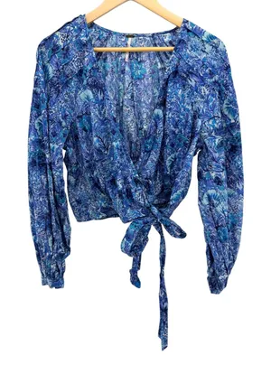 Free People Ruffle Cotton Wrap Top M Blue Floral Paisley Balloon Sleeve Festival thumbnail 1