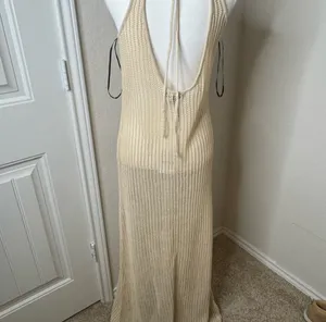 Revolve Cream Tan Maxi Crochet Open Knit Back Backless Cover Up Maxi Boho Beach Dress thumbnail 7