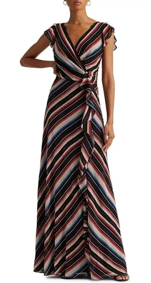 Lauren Ralph Lauren Womens Blanket Stripe Georgette Gown black Size 8 thumbnail 1