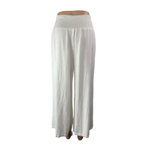 Women's White Smocked High Waisted Boho Wide Leg Baggy Trousers Pants Size L thumbnail 2