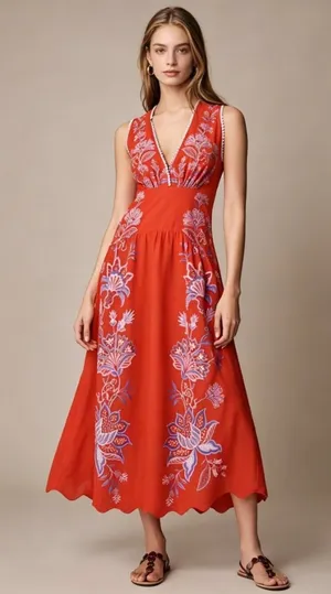 NWOT Farm Rio Porcelain Garden Red Linen Midi Dress Size L thumbnail 1