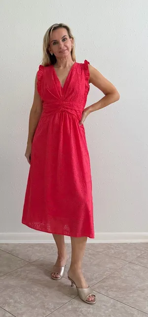 NWT Maggy London Coral Eyelet Midi Dress Size 6 Ruffle V-Neck thumbnail 1