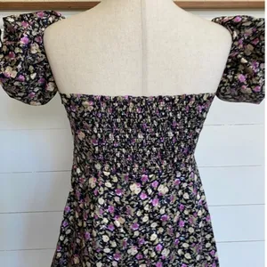 Pomelo Floral Puff Sleeve Mini Dress Black‎ Purple Square Neck Smocked Back M thumbnail 8