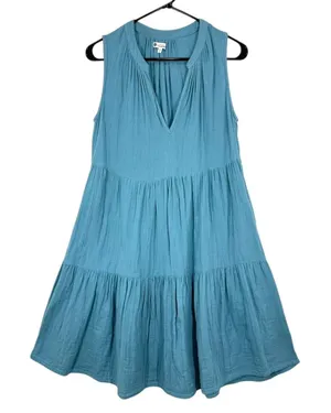 Sundry for Evereve Size 0 Light Blue Brushed Cotton Tiered V Neck Mini Dress thumbnail 1