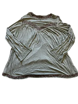 POL Women’s Sage Green Lace Trim Bell Sleeve Peasant Top | Medium thumbnail 2