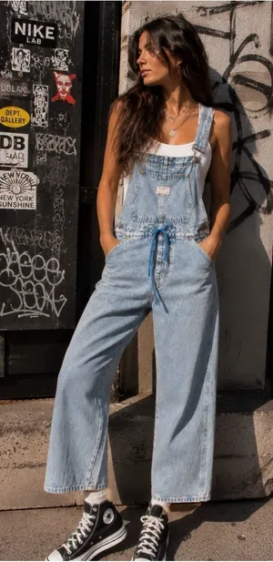 Levi’s Light Wash Denim Jeans Overalls Apron Front Tie Wide Leg Size Medium thumbnail 1