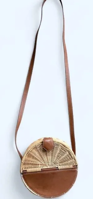 J. McLaughlin Circle Wicker Brown‎ Leather Picnic Crossbody Purse thumbnail 1