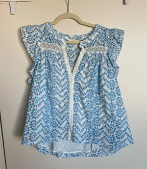 Floral Eyelet Embroidered Button-Up Blouse - Light Blue & White Sleeve thumbnail 1