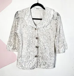 Vintage Esprit White Lace Top Peter Pan Collar‎ Sz Medium Bridal Romantic thumbnail 1