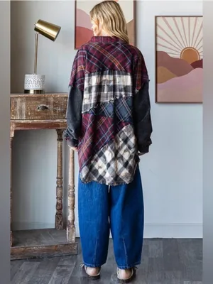 Oli & Hali Black and Burgundy Plaid Patchwork Jean Shacket thumbnail 2