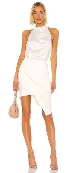 NEW ELLIATT Camo ASYMMETRIC White Ivory SATIN Halter DRAPED Cocktail Dress sz M thumbnail 1