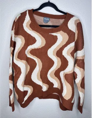 Arula Sweater Womens X Brown Retro Wave Print Crewneck Knit Pullover Plus Top thumbnail 1
