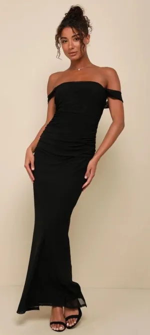 NWT Lulus Amazing Presence Black Mesh Ruched Column Maxi Dress Gala Banquet Sz M thumbnail 1