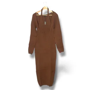 PrettyLittleThing Brown Long Sleeved Knit Dress/a Halter Style Keyhole Neck Xl thumbnail 3