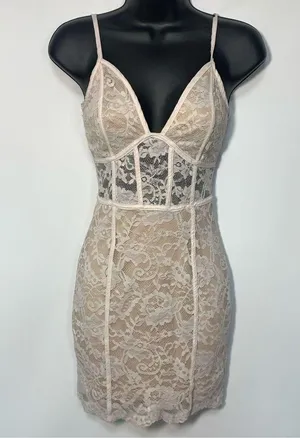 Windsor Women's Glamour Lace Sleeveless Mini Bodycon Dress Beige Size XS thumbnail 1