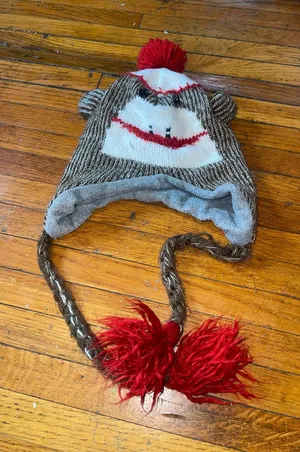 Kids Red Pom-Pom Sock Monkey Earflap Hat thumbnail 1