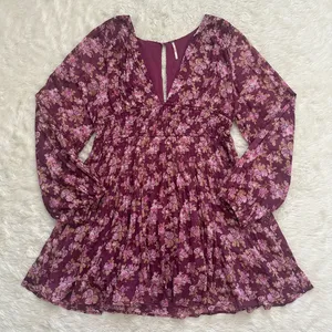 Free People Dress Keep You Mini Long Sleeve Cotton Floral Berry Combo Sz L thumbnail 3